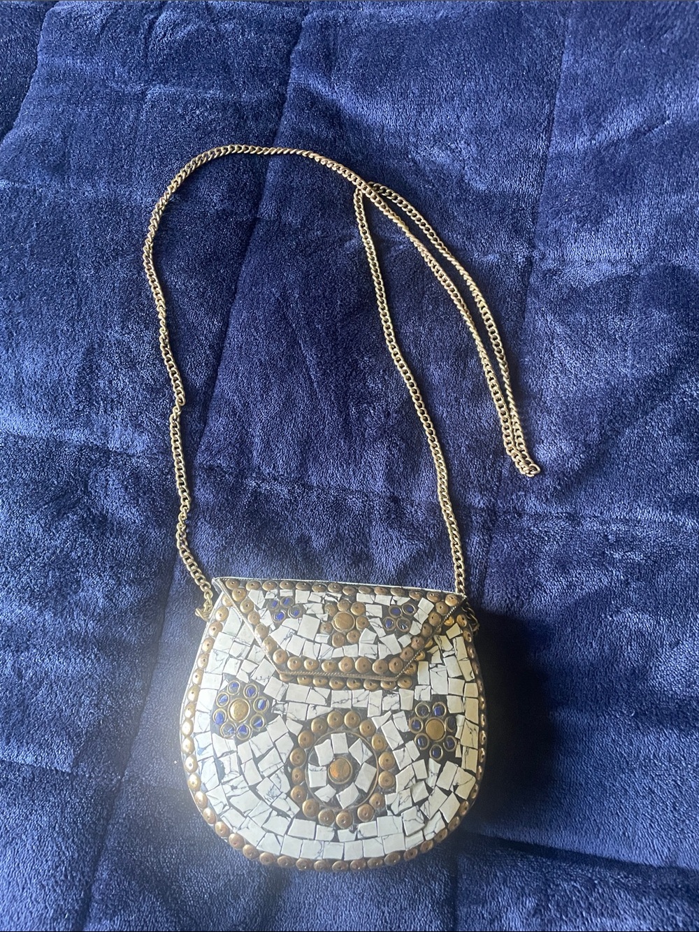 Handcrafted Mosaic White Crossbody Bag with Gold Chain